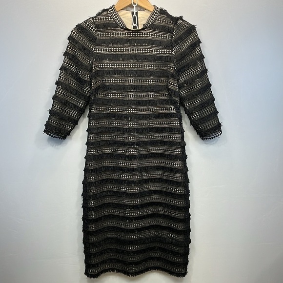 J. Crew Fringe Midi Dress 6 Black boho Tan lined Sheath 3/4 Sleeves - Picture 1 of 10
